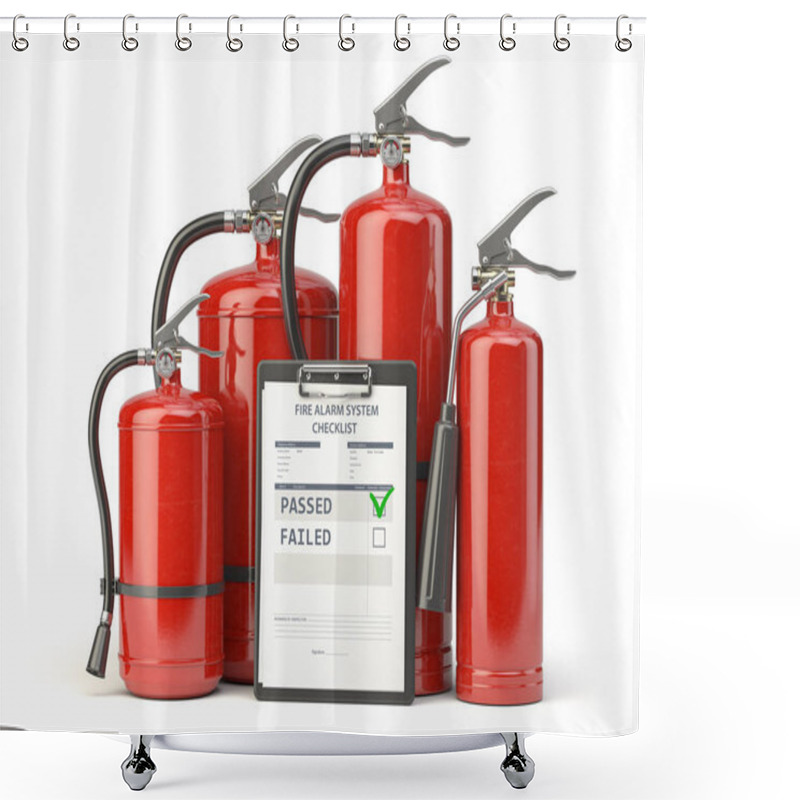 Personality  Fire Extinguisher Checking Concept. Fire Extinguisher And Clipbo Shower Curtains