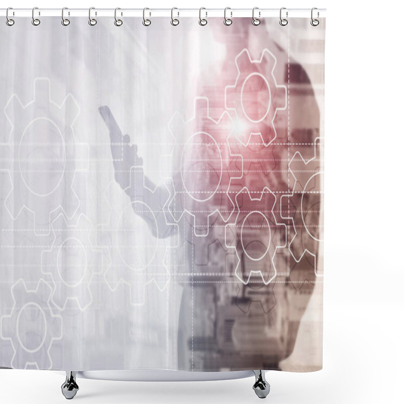 Personality  Gears Mechanism, Digital Transformation, Data Integration And Digital Technology Concept. Shower Curtains