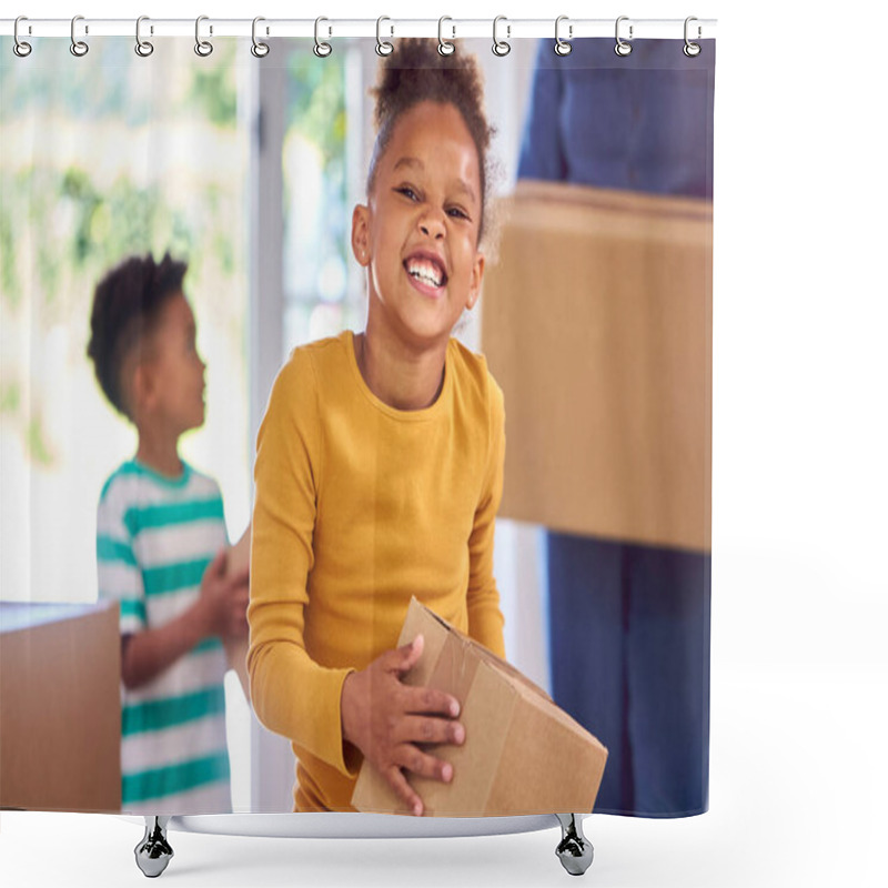 Personality  Children Helping Mother To Carry Boxes Into New Home On Moving In Day Shower Curtains