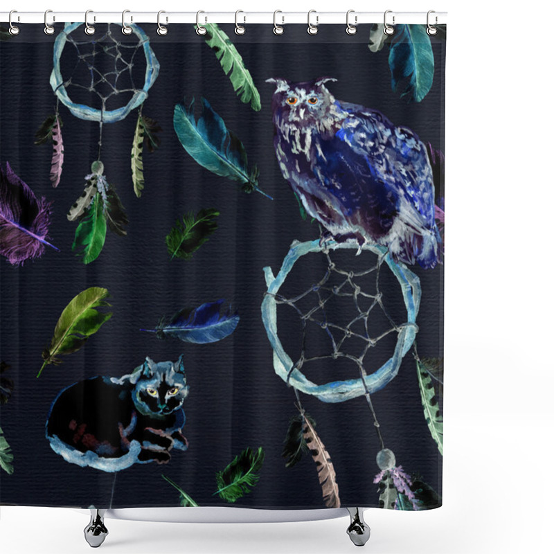 Personality  Feathers, Owl, Black Cat, Dreamcatcher, Dark Background. Repeating Pattern Shower Curtains