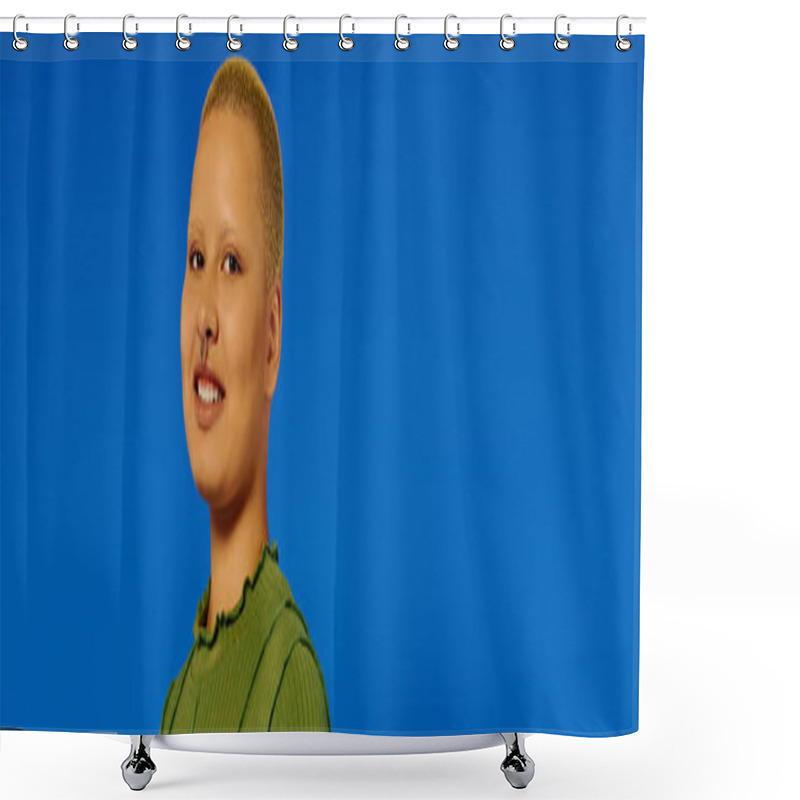 Personality  A Fashionable Young Woman Smiles Brightly, Radiating Joy And Self Assurance In A Striking Setting. Shower Curtains