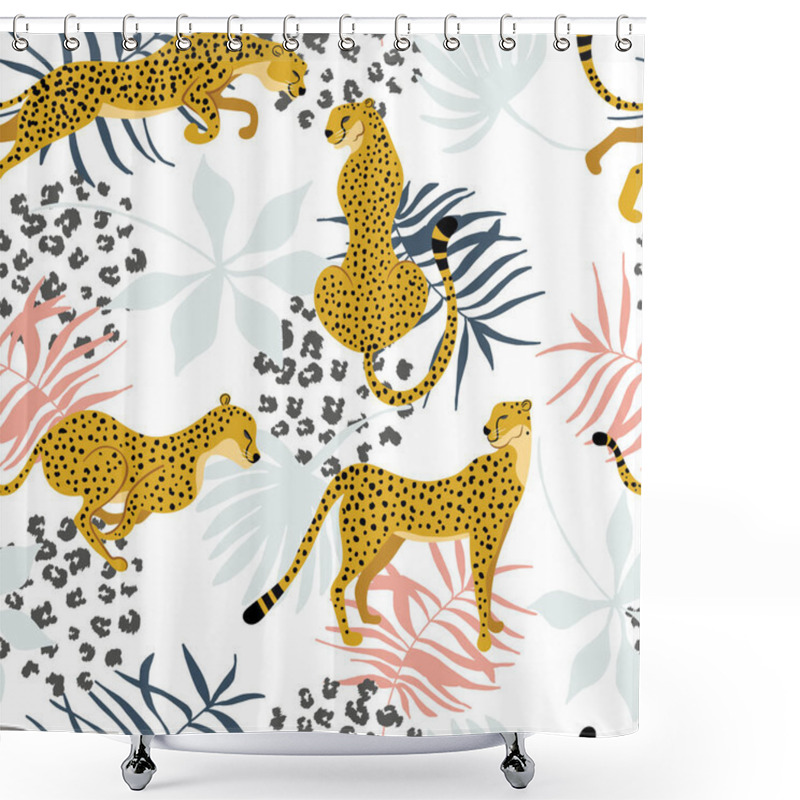 Personality  Seamless Pattern Of Cheetah With Palm Leaves And Dots Of Leopard Print Skin. Exotic Art Background Coloured With Pastel. Vector Animalistic Design For Textile, Fabric, Wrap Paper, Invitation, Packaging, Or Wallpaper. Shower Curtains