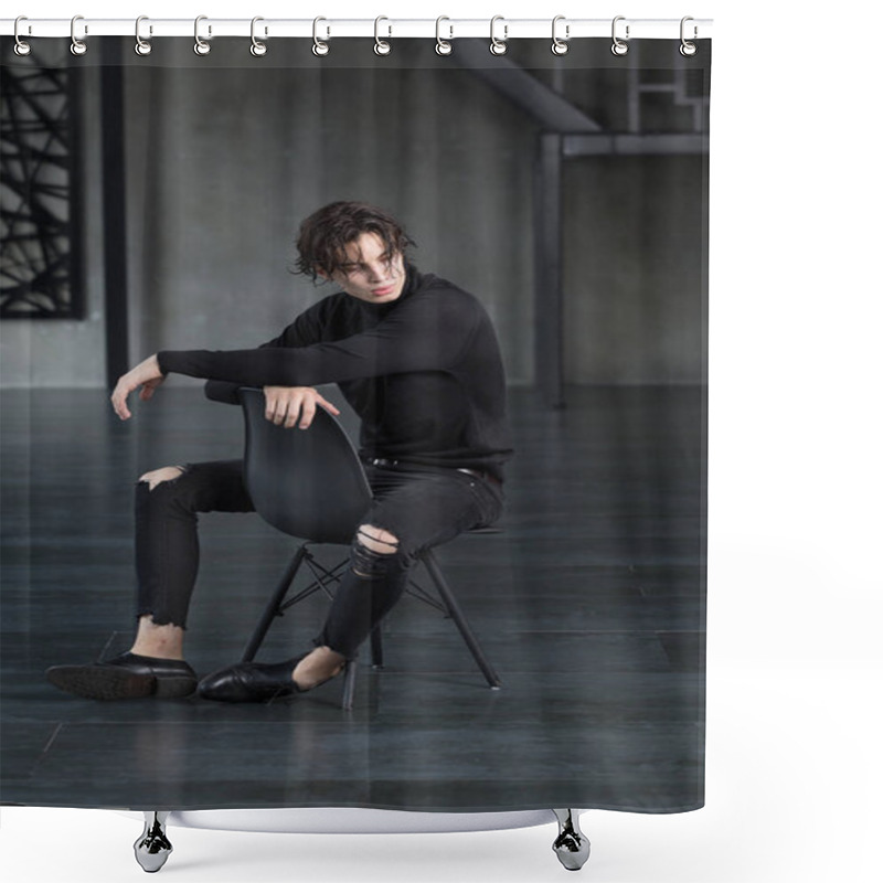 Personality  Stylish Handsome Young Man With Wet Dark Hair In All Black Outfit With Turtleneck And Ripped Jeans Sitting On A Chair With Crossed Arms Looking Over A Shoulder In A Dark Room Shower Curtains