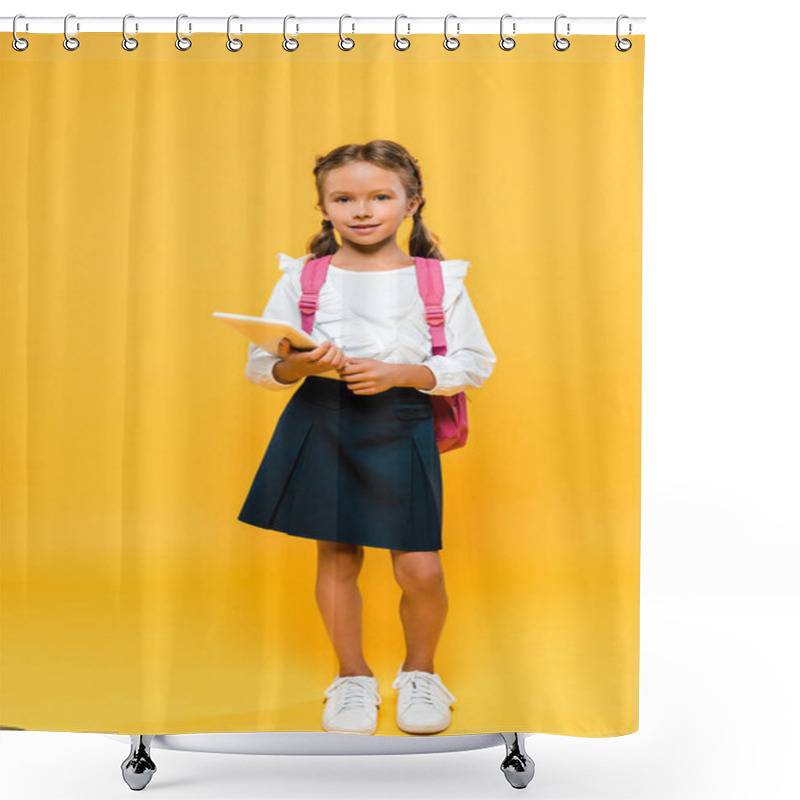 Personality  Cheerful Schoolchild With Pink Backpack Holding Book On Orange  Shower Curtains