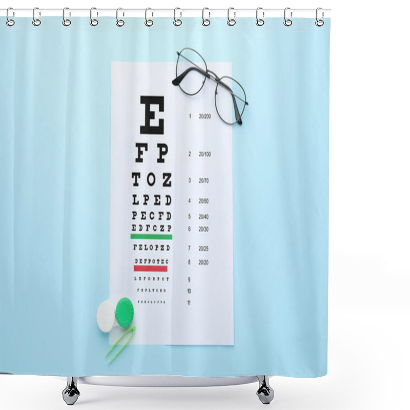 Personality  Case With Contact Lenses, Tweezers, Glasses And Eye Chart Test On Light Blue Background, Flat Lay Shower Curtains