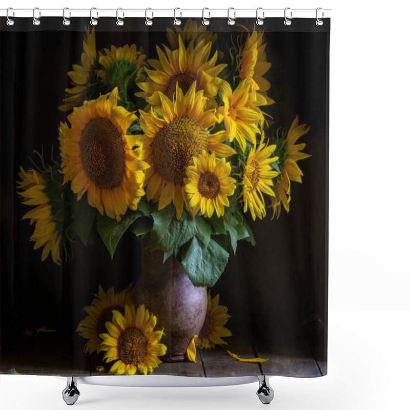 Personality  Beautiful Yellow Sunflower Still Life Bouquet  In A Clay Jug Ceramic Rustic Style Oil Honey Dark Photo Background Wooden Table Vintage. Retro. Low Key Autumn Flowers Shower Curtains