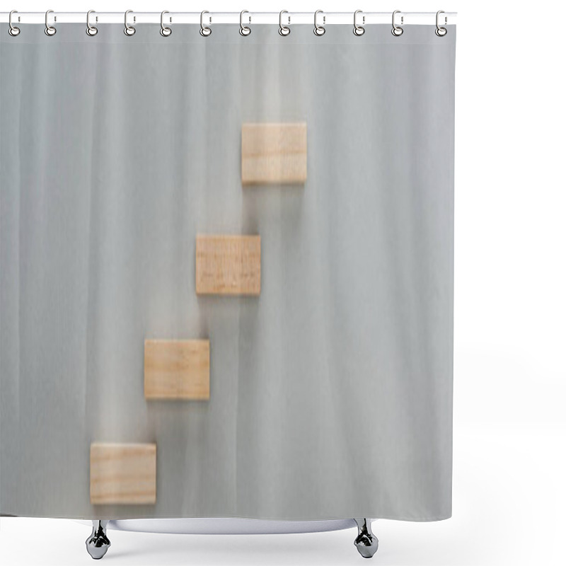 Personality  Panoramic Shot Of Wooden Blocks Symbolizing Career Ladder Isolated On Grey Shower Curtains