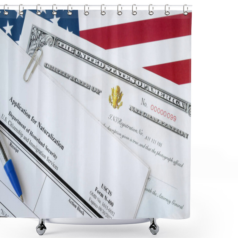 Personality  N-400 Application For Naturalization And Certificate Of Naturalization Lies On United States Flag With Blue Pen From Department Of Homeland Security Shower Curtains