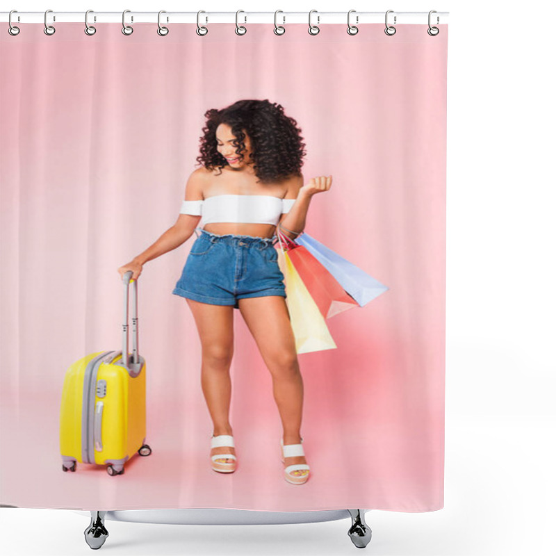 Personality  Happy  African American Woman Standing With Luggage And Holding Shopping Bags On Pink  Shower Curtains