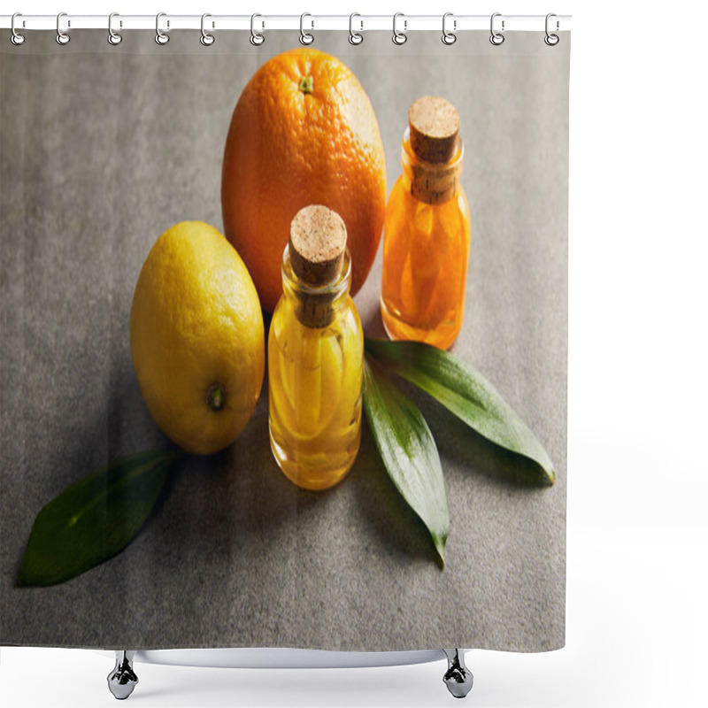 Personality  Bottles Of Essential Oil With Lemon And Orange On Dark Surface Shower Curtains