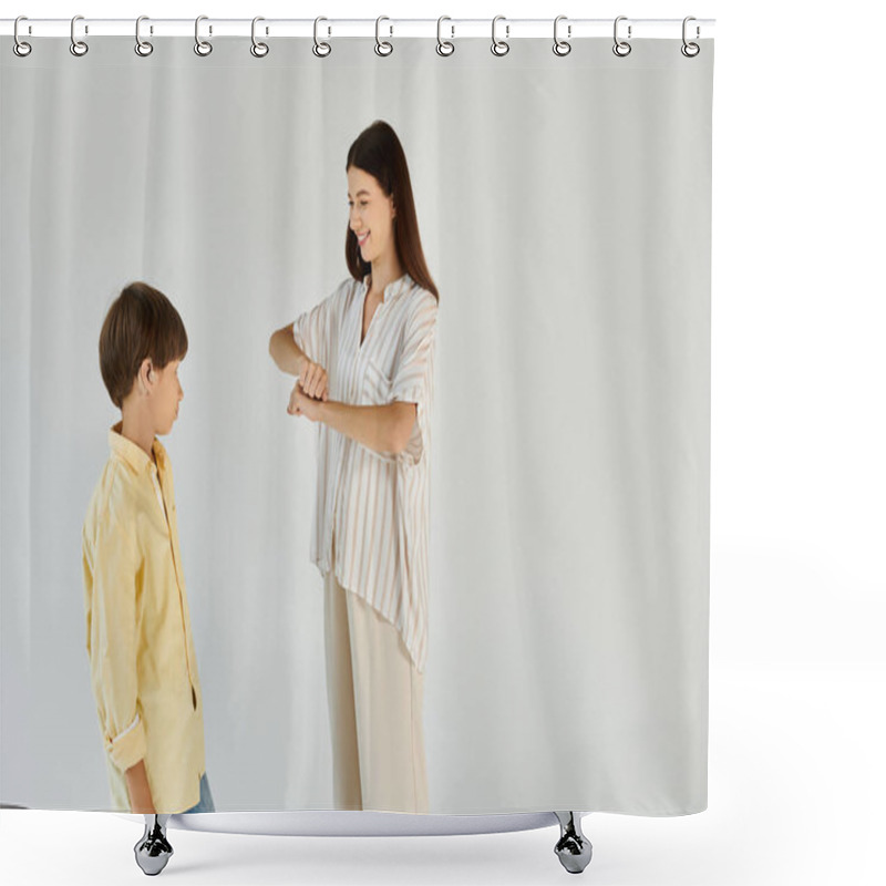 Personality  A Young Boy Smiles As His Mom Gestures To Him, Fostering Understanding And Connection. Shower Curtains