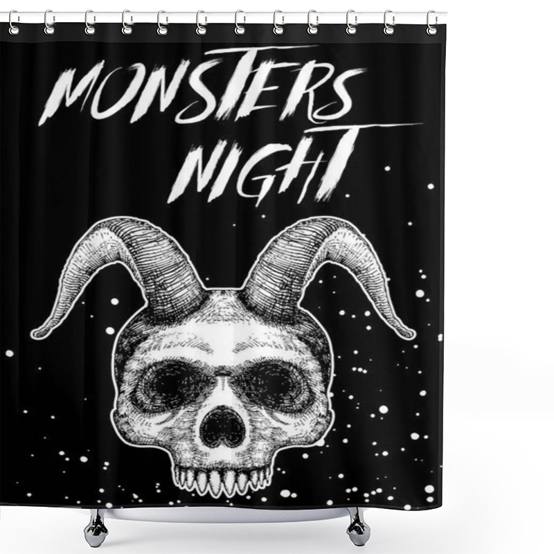 Personality  Halloween Holiday Black Card With Demon Skull. Hand Drawn Flyer  Shower Curtains