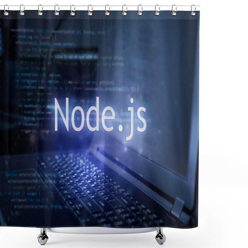 Personality  Node.js Inscription Against Laptop And Code Background. Learn Node Programming Language, Computer Courses, Training.  Shower Curtains