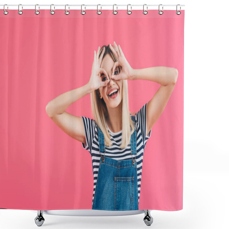 Personality  Cheerful Beautiful Girl In Denim Overall Showing Glasses Gesture Isolated On Pink Shower Curtains