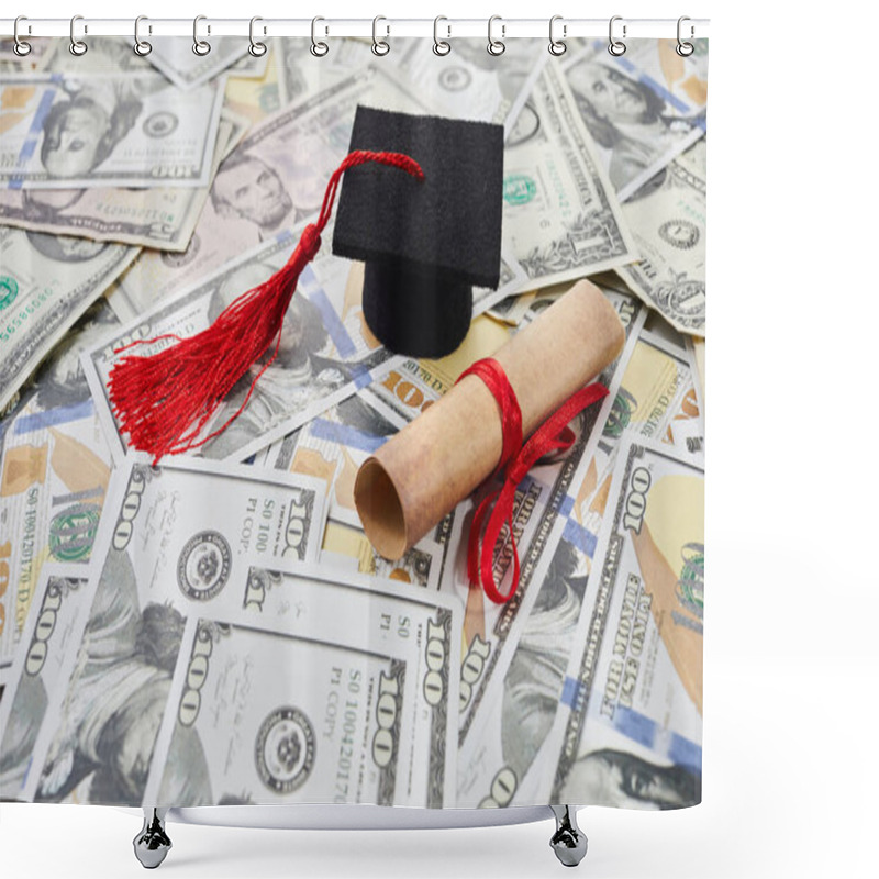 Personality  Miniature Graduation Cap On Dollars Bills. Student Debt Crisis. Shower Curtains