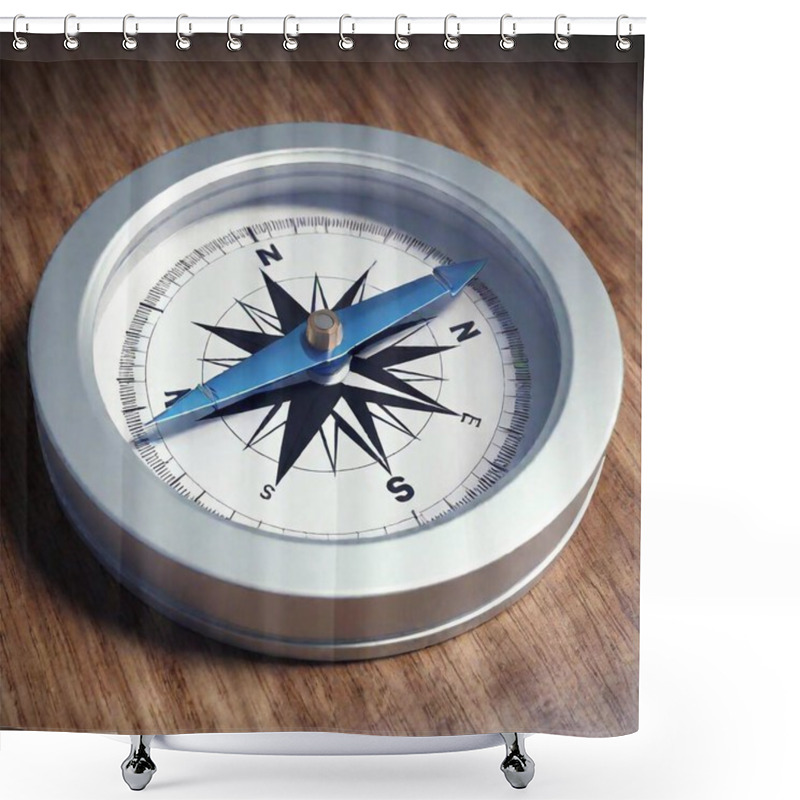 Personality  A High-resolution Digital Artwork Of A Close-up Compass. The Detailed Compass Features A Sleek, Modern Design With A Metallic Silver Pointer And Intricate Blue Directional Markers. The Compass Rests Against A Textured, Light-wood Surface, Adding A Shower Curtains