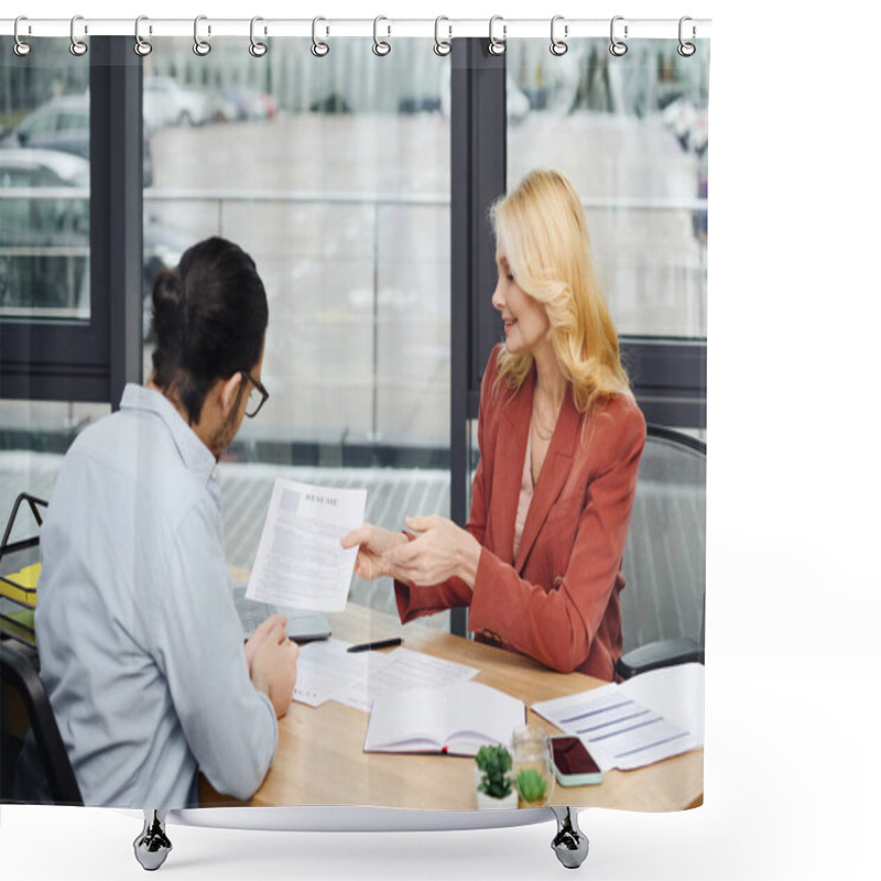 Personality  A Woman And Man Engage In Conversation At A Desk. Shower Curtains