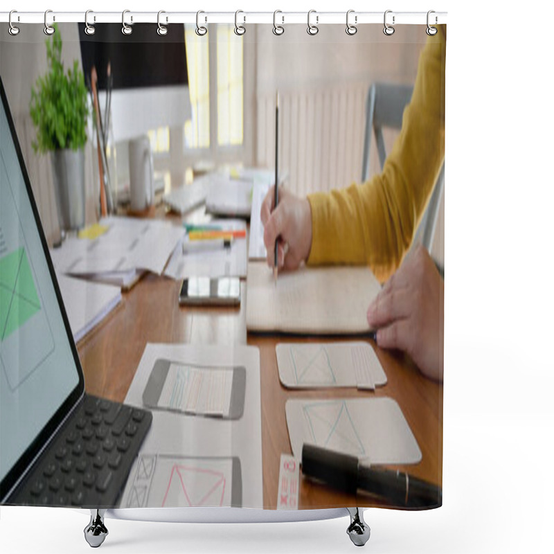 Personality  Side View Of UI Developer Working On Wooden Table With Notebook, Paperwork And Computer   Shower Curtains