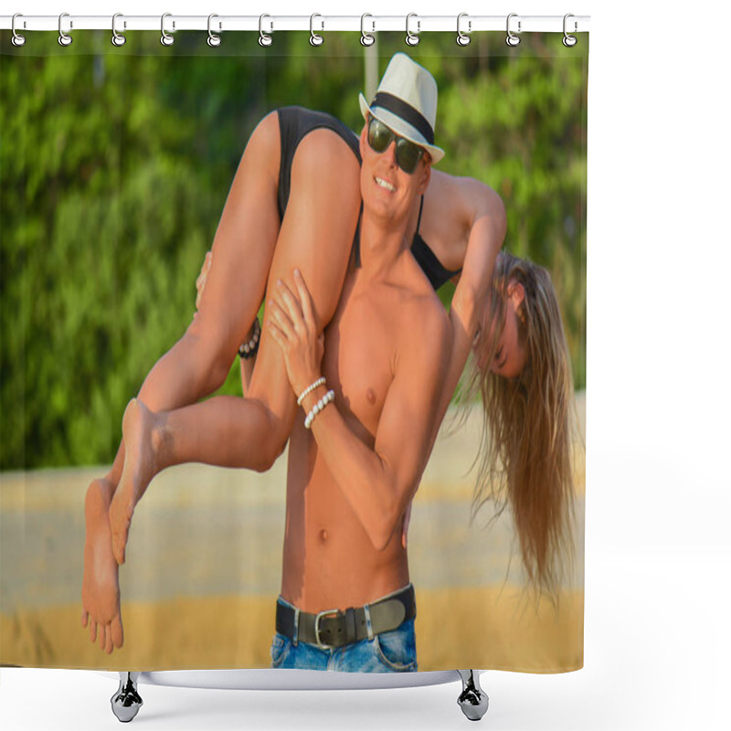 Personality  Happy Couple In Love Boyfriend Carrying His Girlfriend In Sea On A Tropic Beach From The Back Shower Curtains