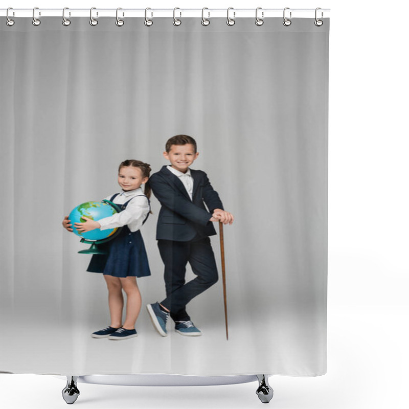 Personality  Smiling Schoolboy Holding Pointing Stick Near Girl In Dress With Globe On Grey  Shower Curtains