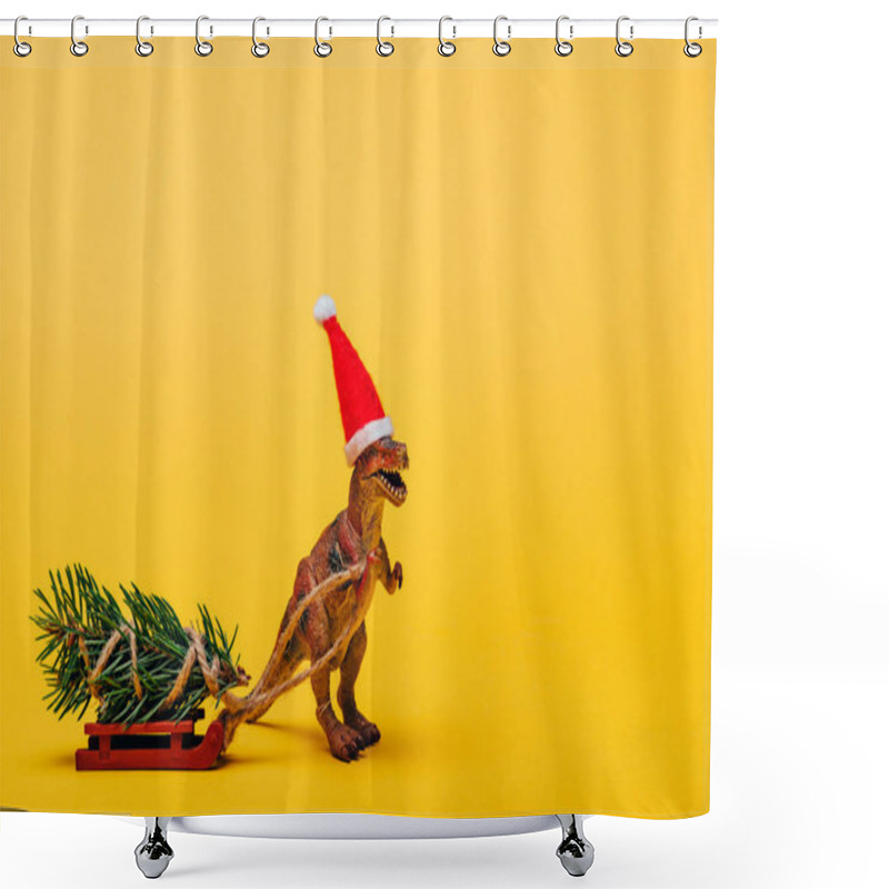 Personality  Toy Dinosaur In Santa Hat With Fir On Sleigh On Yellow Background Shower Curtains