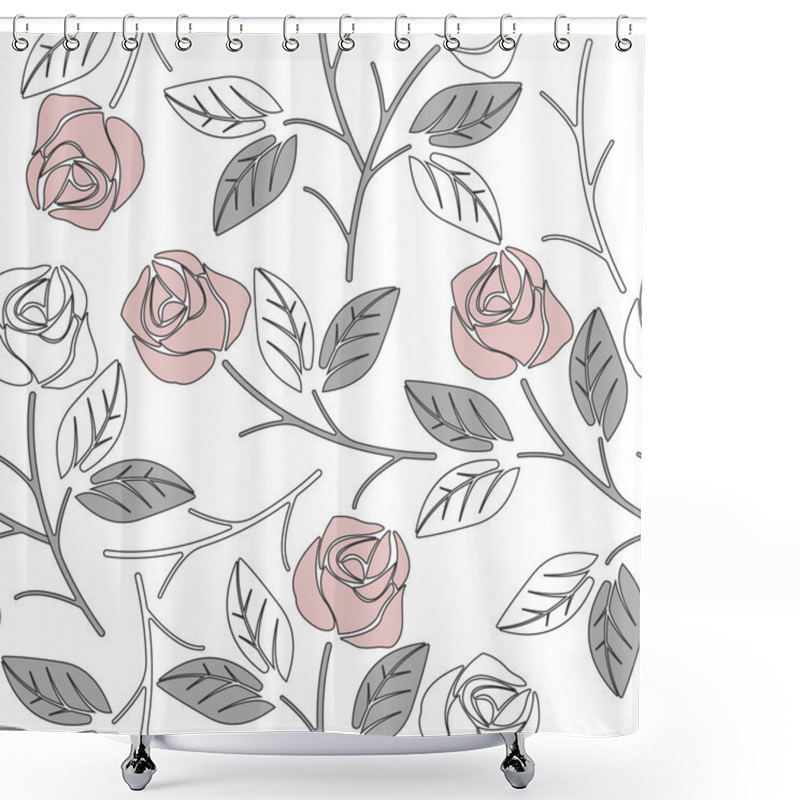 Personality  Cute Seamless Pattern With Pink Roses And Light Grey Leaves Isol Shower Curtains