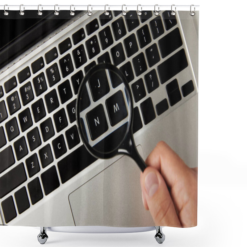 Personality  Cropped Shot Of Person Holding Magnifying Glass Above Laptop Keyboard Shower Curtains