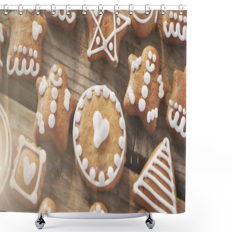 Personality  Image Of Gingerbread Cookies On Wooden Rustic Surface. Christmas Festivity Celebration Concept Digitally Generated Image. Shower Curtains