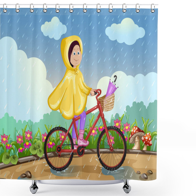 Personality  Girl In Raincoat Riding On A Bicycle Under The Rain.  Shower Curtains