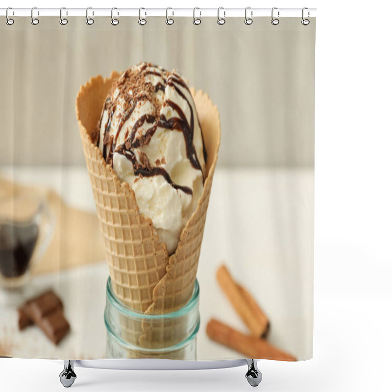 Personality  Delicious Vanilla Ice Cream With Toppings In Wafer Cone On White Table, Closeup Shower Curtains