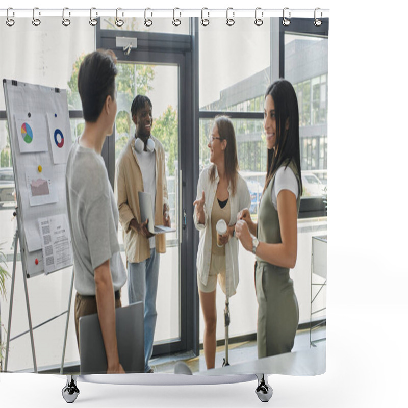 Personality  Four Coworkers Chat About Ideas For A New Business In An Office Shower Curtains