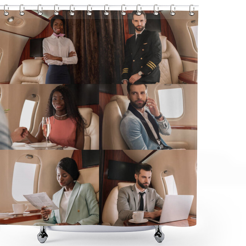 Personality  Collage Of Multicultural Pilot And Stewardess, Elegant Man And Woman, And Businesspeople Using Laptop And Smartphone In Private Jet Shower Curtains