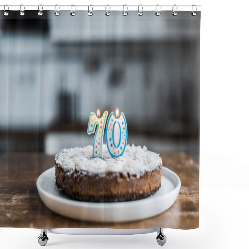 Personality  Selective Focus Of Delicious Birthday Cake With Burning Candles And '70' Sign On Top Shower Curtains