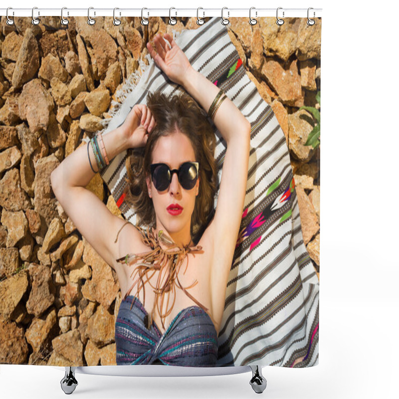 Personality  Beautiful Girl On A Stony Beach Shower Curtains