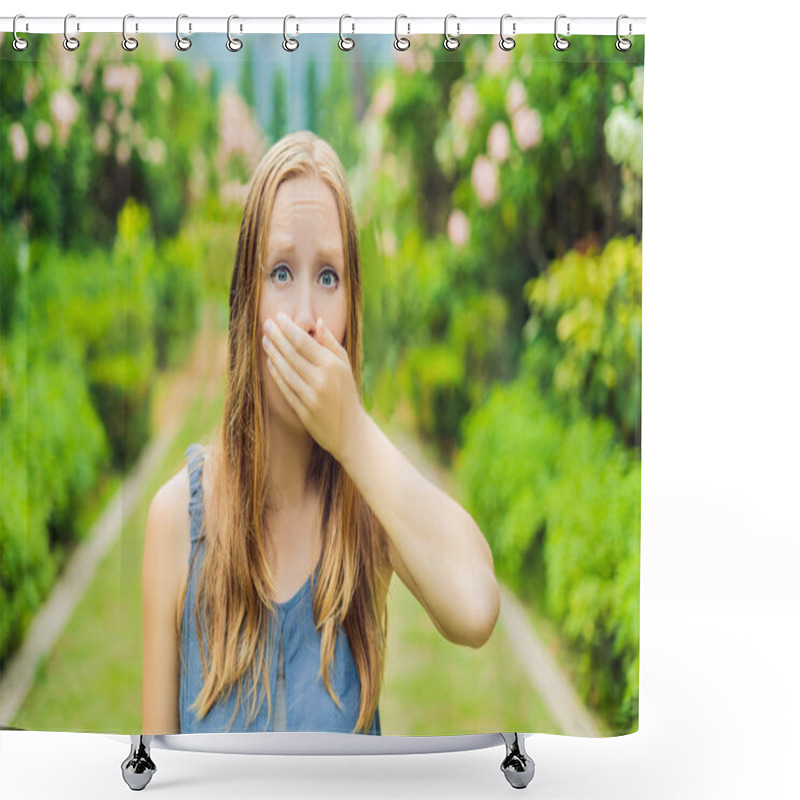 Personality  Young Pretty Woman Blowing Nose In Front Of Blooming Tree. Spring Allergy Concept Shower Curtains