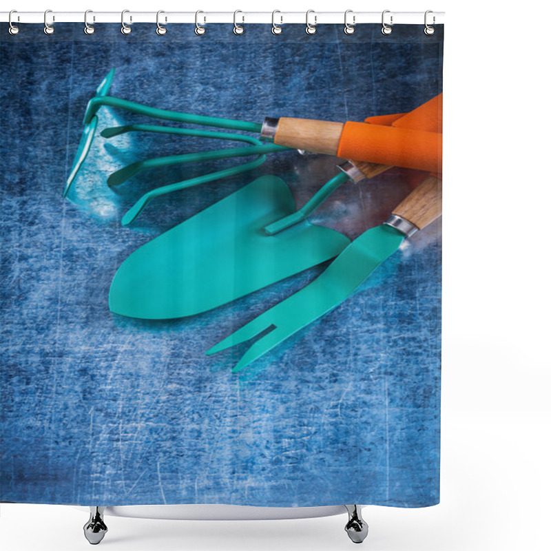 Personality  Shovel Rake Hoe On Metallic Background Shower Curtains