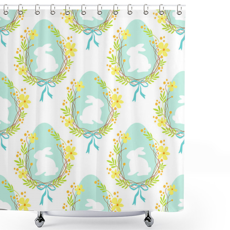 Personality  Cute Rustic Hand Drawn Easter Seamless Pattern With Wreath Of Spring Flowers, Egg And Bunny Shower Curtains