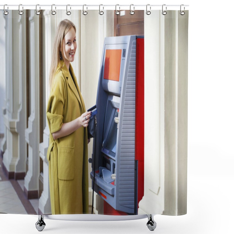 Personality  Blonde Lady Using An Automated Teller Machine  Shower Curtains