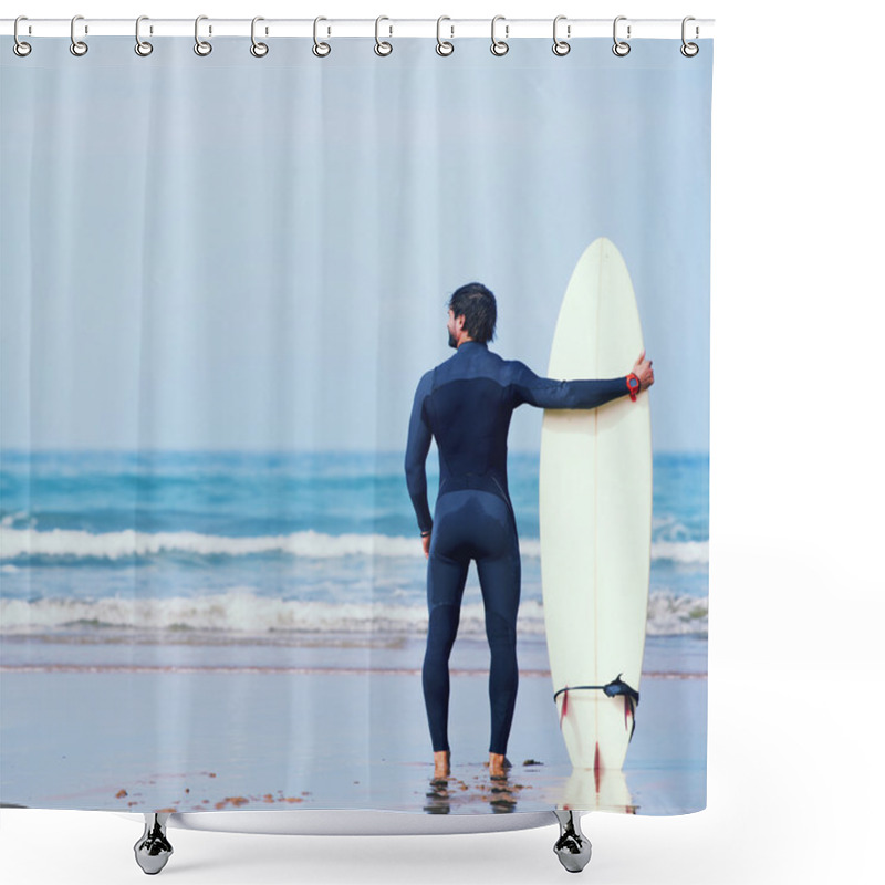 Personality  Attractive Young Surfer Holding Surfboard While Standing On The Beach Looking At Ocean To Find The Perfect Spot To Go Surfing Waves,professional Surfer With Surf Board Looking At Ocean, Filtered Image Shower Curtains