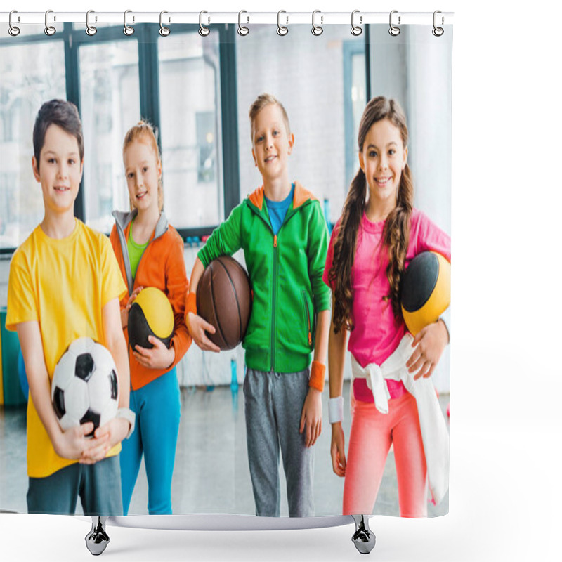 Personality  Carefree Kids Posing With Balls In Gym Shower Curtains