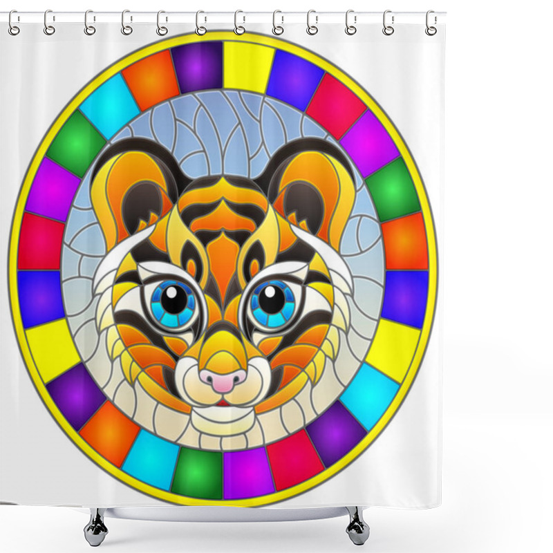 Personality  The Illustration In Stained Glass Style Painting With A Tiger's Head , A Circular Image With Bright Frame Shower Curtains