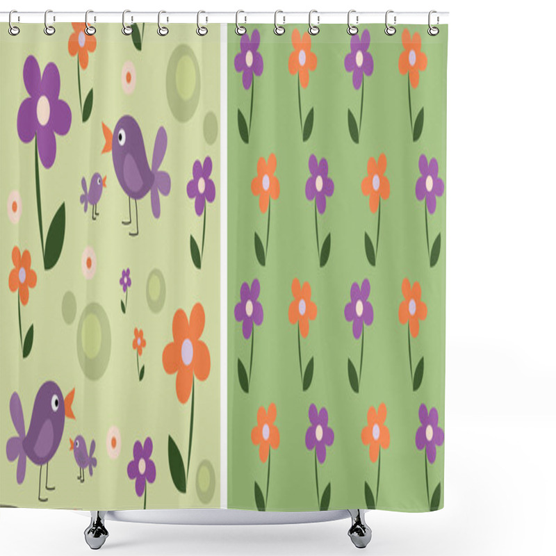 Personality  Seamless Cute Flowers And Birds, Set Shower Curtains