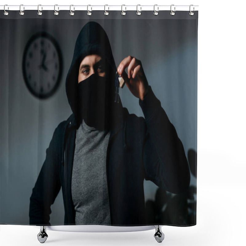 Personality  Confident Thief In Mask And Hoodie Standing In Dark Room And Looking At Keys Shower Curtains