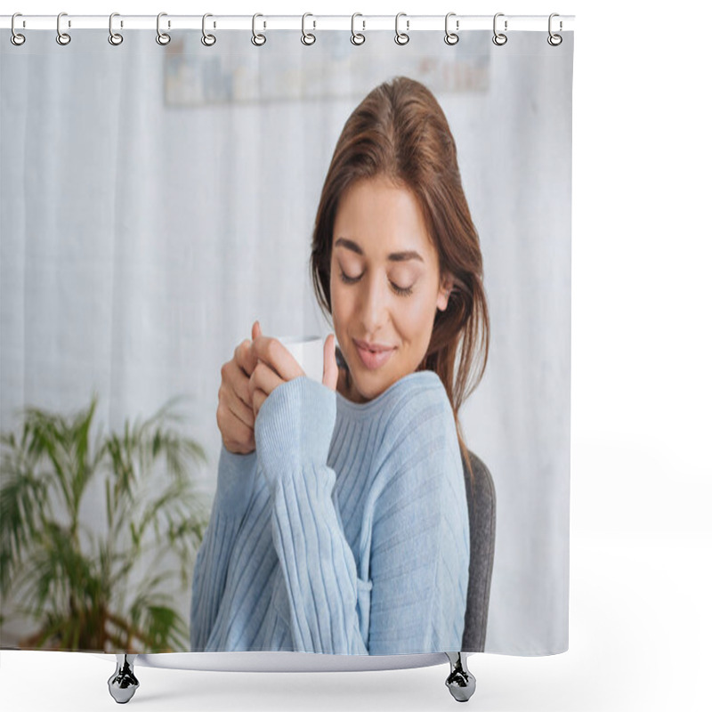 Personality  Beautiful Young Woman Holding Cup With Coffee At Home Shower Curtains