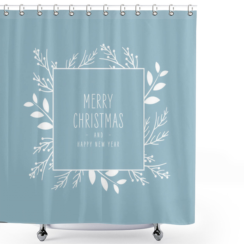 Personality  Merry Christmas Modern Elegant Card With Frame Banner Greetings White Fir Pine Branches On Blue Ice Background Shower Curtains