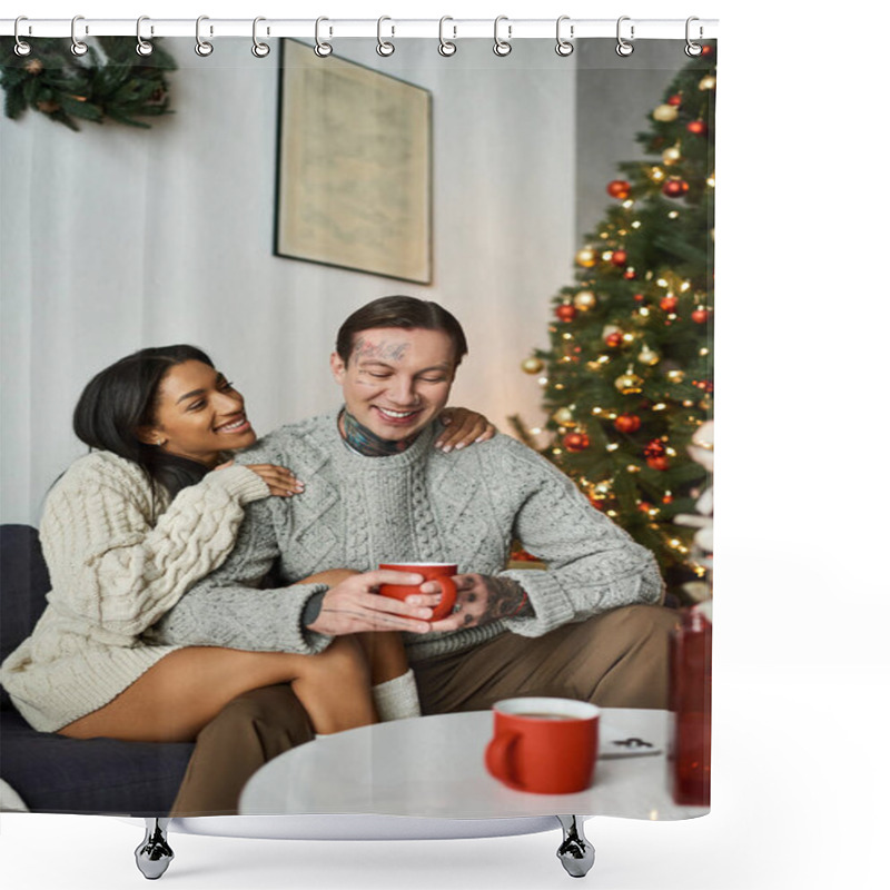 Personality  A Joyful Couple Enjoys Each Others Company By The Christmas Tree, Sharing Warm Beverages Together. Shower Curtains