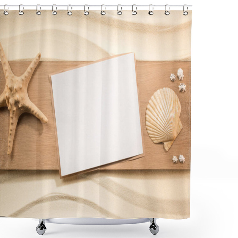 Personality  Flat Lay With Blank Paper, Sea Star And Seashells On Wooden Plank On Sand Shower Curtains