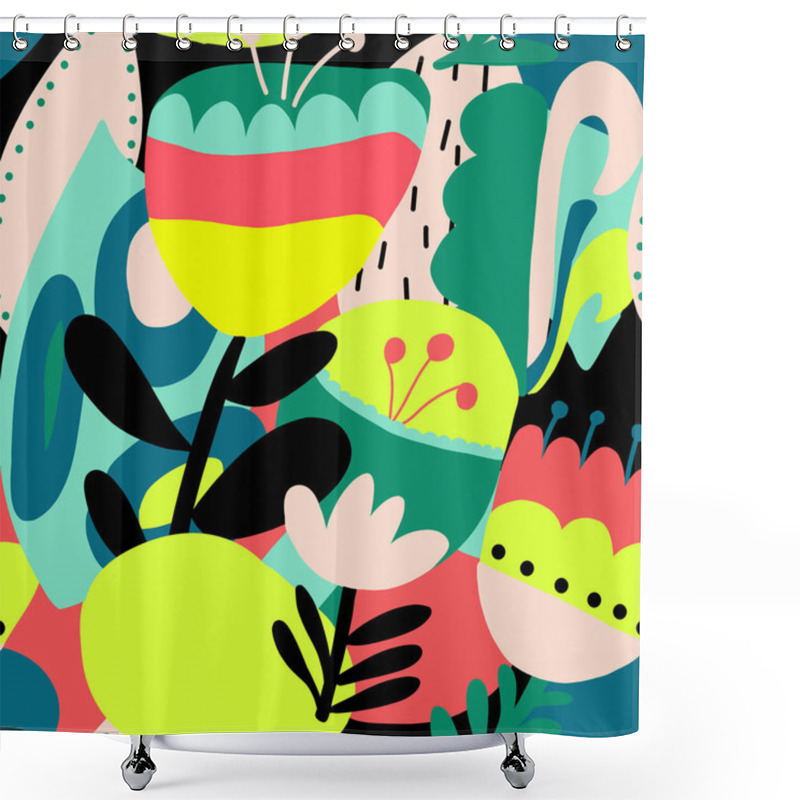 Personality  Abstract Floral Summer Collage Seamless Vector Pattern. Contemporary Shapes And Doodles Background Bright Pink Teal Lime Green Yellow Black. Abstract Elements Leaves, Flowers. Modern Backdrop . Shower Curtains