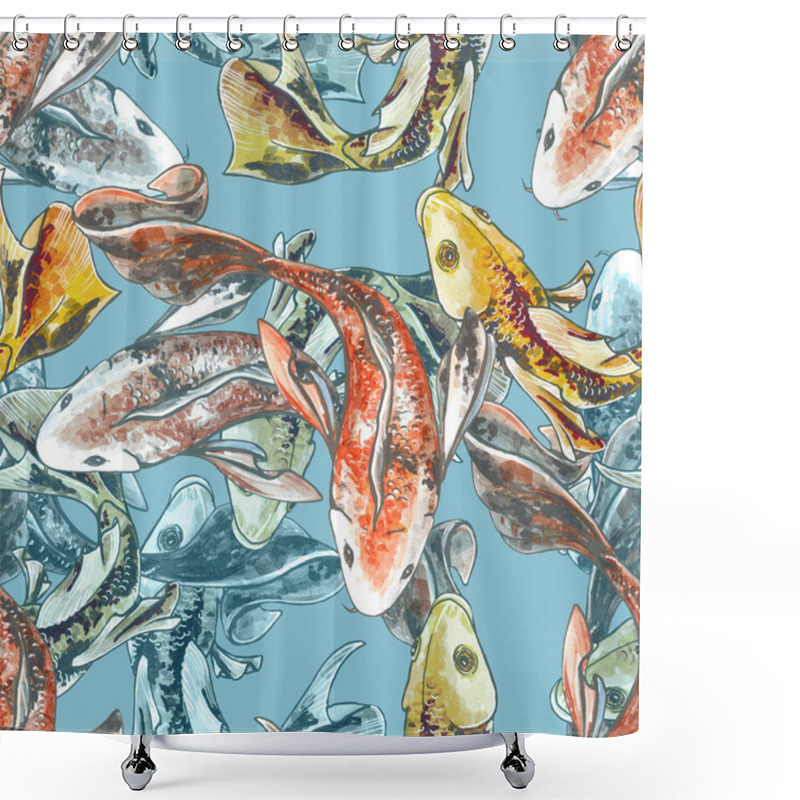 Personality  Seamless Pattern. Goldfish In The Blue Water. Yellow Fish. Shower Curtains