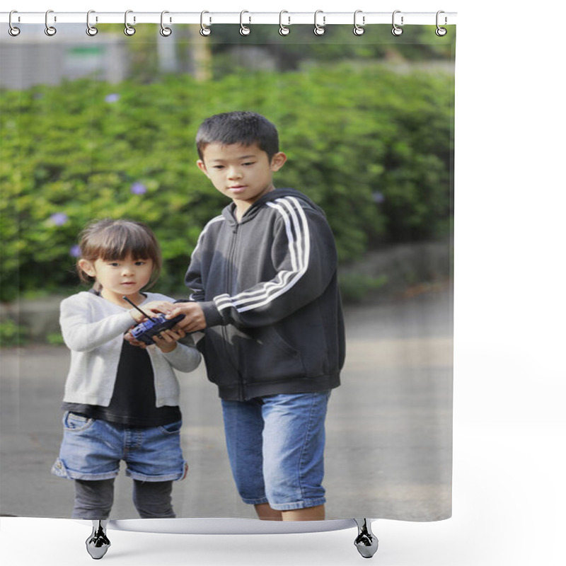 Personality  Japanese Brother And Sister Operationg Radio Control (10 Years Old Boy And 5 Years Old Girl) Shower Curtains